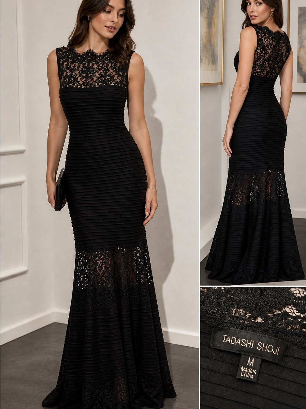 tadashi shoji black lace mermaid gown size m formal evening dress